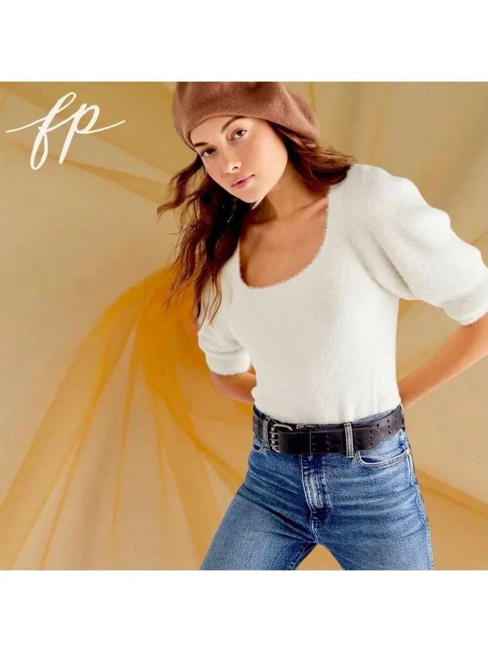 FREE PEOPLE NWT Moonbeam Fuzzy 3/4 Puff Sleeve Cropped Scoop Neck Sweater/Lg